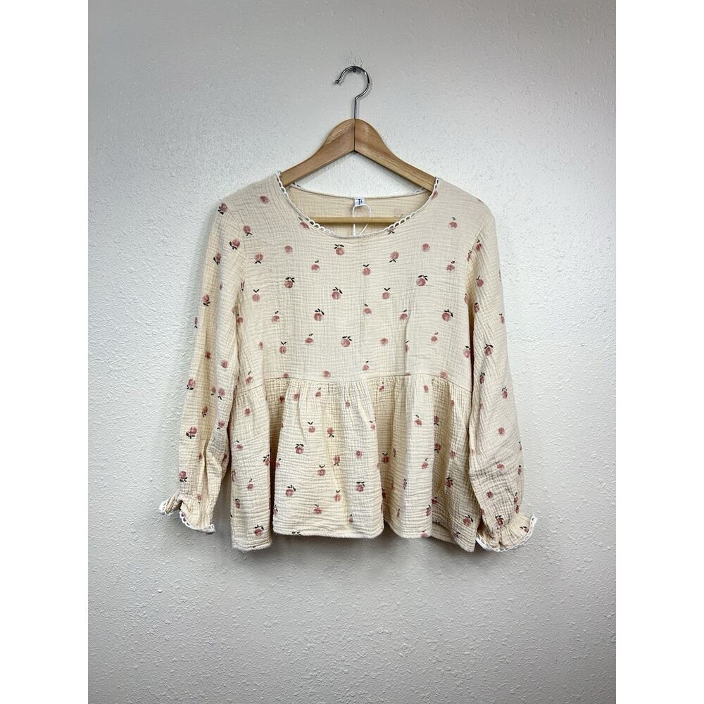 Women’s Gauze Cotton Cropped 3/4 Sleeve Top Beige Floral Peaches Blouse 2XL?